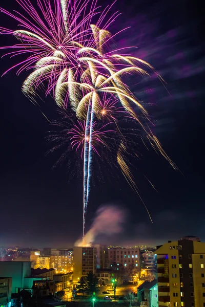 Egy Fénylő Sárga Lila Tűzijáték Függőleges Képe Világít Éjszaka Folyamán — Stock Fotó