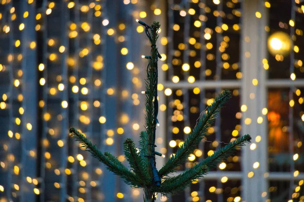 Ett Selektivt Fokus Julgranen Mot Glänsande Gula Bokeh Lampor — Stockfoto