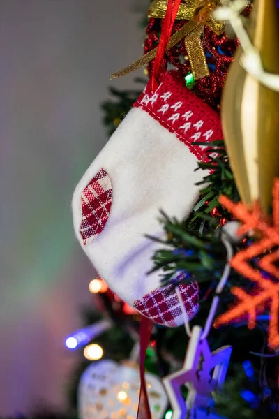 Christmas Sock Hanging Decorated Christmas Tree — Stock Photo, Image