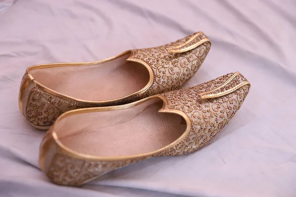 Тип Обуви Носить Индийский Жених День Свадьбы Снимок Обуви Которую — стоковое фото