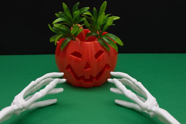 Una Calabaza Con Pelo Halloween Los Huesos Las Manos Sobre — Foto de Stock