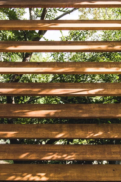 Pintoresco Plano Una Escalera Madera Que Baja Jardín Lleno Árboles — Foto de Stock