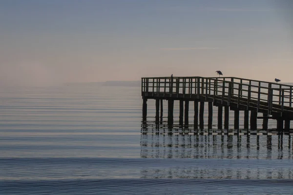 Utsikten Över Träpiren Den Skandinaviska Stranden — Stockfoto