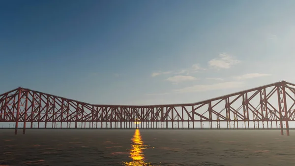Красный Мост Подвесной Стальной Конструкцией — стоковое фото