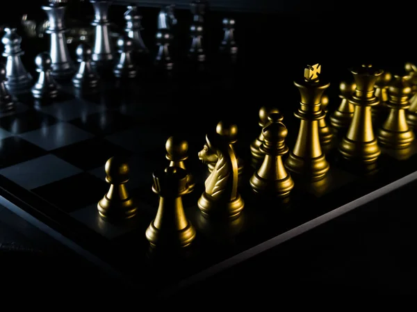 Acloseup Chessboard Silver Golden Figures Black Background — Stock Photo, Image