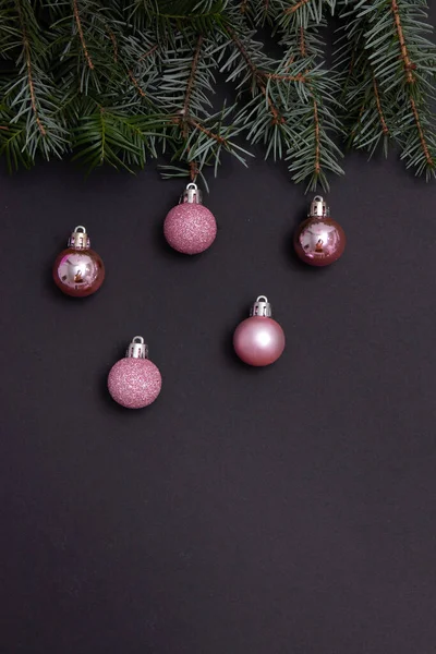 Evergreen Trees Pink Christmas Tree Decorations Black Background Copy Space — Stock Photo, Image