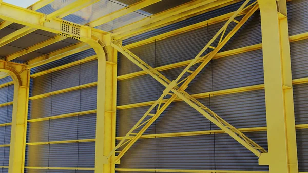 Estrutura Fábrica Amarela Galpão Com Detalhes Cabos Aço Parafusos Vazios — Fotografia de Stock
