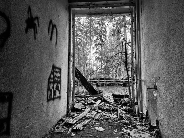 Grayscale Shot Abandoned Room — Stock Photo, Image