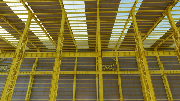 Konstrukcja Szopa Żółtej Fabryce Szczegółami Stalowych Kabli Wkrętów Pustych Bez — Zdjęcie stockowe