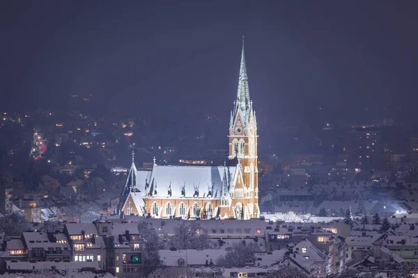 Den Enorma Herz Jesu Kirche Graz Mörk Vinternatt — Stockfoto
