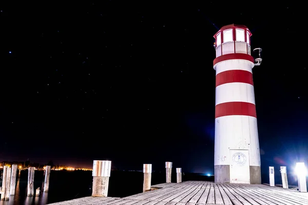 Low Angle Shot Lighthouse Dock Sea Night — Stock Photo, Image