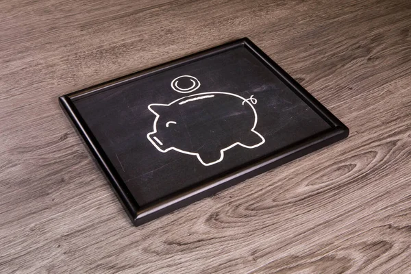 Piggy Bank Icon Chalkboard Blackboard Gray Wood Background — 图库照片