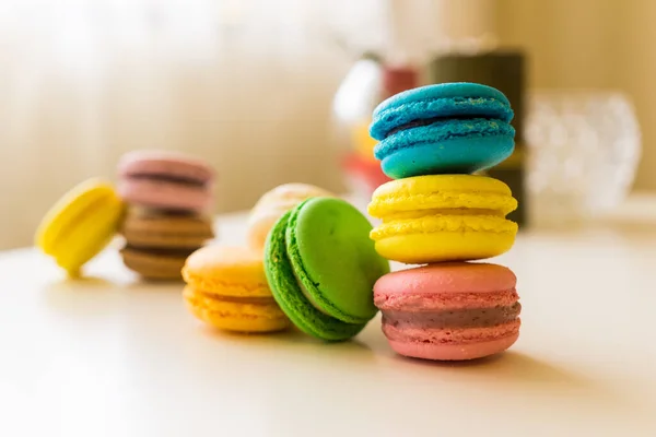 Colorful Macarons Stacked White Table — Stock Photo, Image