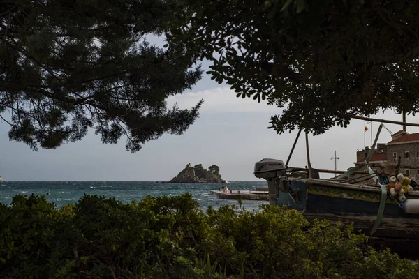 Μια Όμορφη Θέα Πρωί Στην Αδριατική Θάλασσα Και Δέντρα Πλαισιώνουν — Φωτογραφία Αρχείου