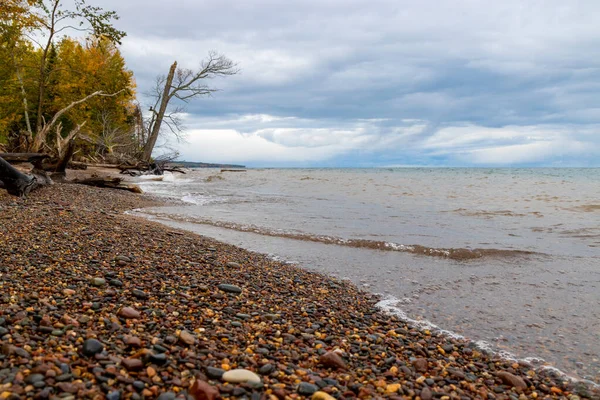 Rocky Shore Lake Superior Surrounded Trees Gloomy Day Autumn Michigan — 图库照片