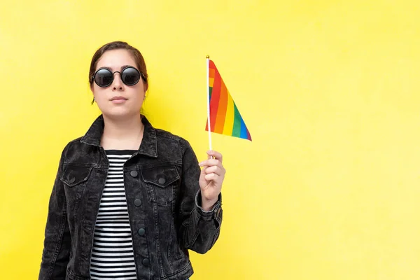 Serious Young Woman Holding Lgbtq Pride Flag Queer Concept — ストック写真