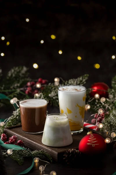 Vertical Shot Three Coffees Beautifully Decorated Room Christmas — Stockfoto