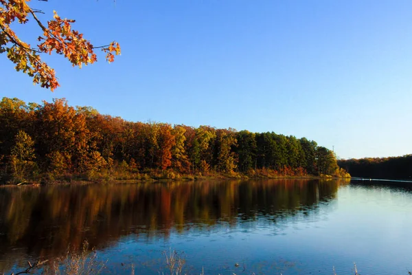 Een Rivier Een Meer Dat Omringende Herfstnatuur Zonnige Hemel Weerspiegelt — Stockfoto
