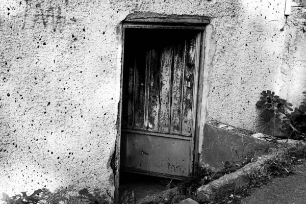 Eine Graustufen Nahaufnahme Einer Alten Holztür Auf Einer Groben Steinwand — Stockfoto