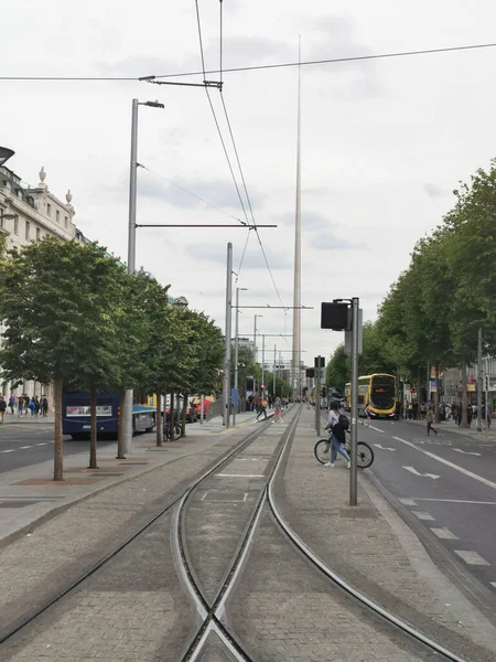 Dublin Irlande Juil 2019 Les Lignes Tramway Dublin Spire Arrière — Photo