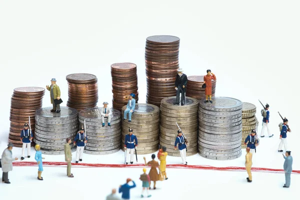 Miniature Soldiers Guarding Coin Towers Rich People Them Red Border — Stock Photo, Image