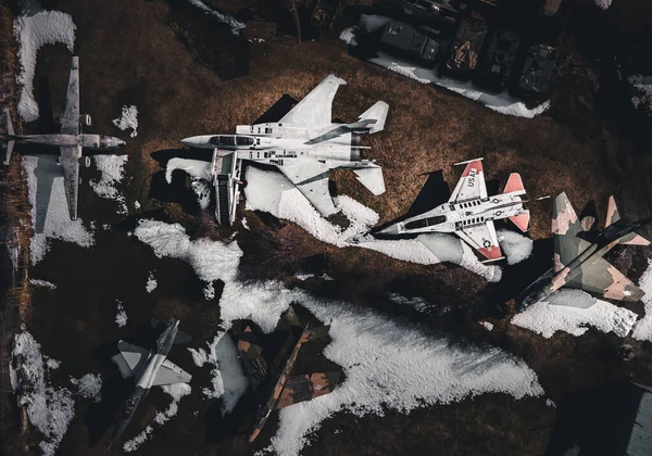 Top View Shot Bunch Planes Parked Ground Which Covered Snow — 图库照片