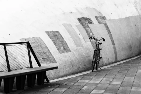 半円形の建物の周りに駐輪された自転車の風光明媚な黒と白のショット — ストック写真