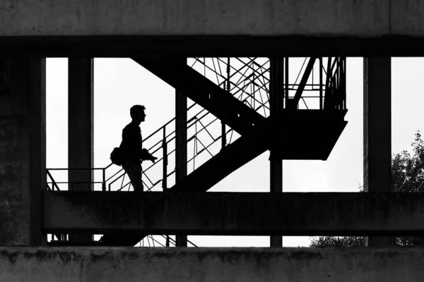 Pintoresco Plano Blanco Negro Una Silueta Hombre Subiendo Por Escalera —  Fotos de Stock