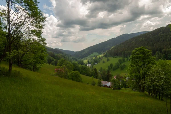 Ein Tal Grünen Riesengebirge Mit Ein Paar Häusern — Stockfoto