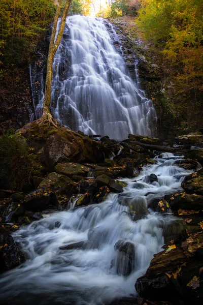Vertikální Záběr Vodopádu Obklopeného Barevnými Stromy Lese Podzim — Stock fotografie