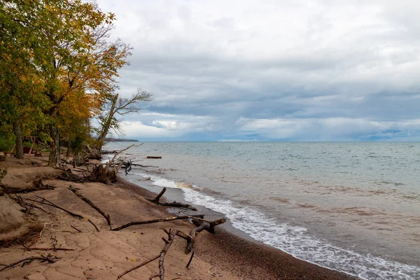 Landscape Lake Superior Surrounded Trees Gloomy Day Autumn Michigan — 图库照片