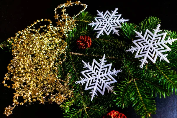 圣诞特写用松树枝条 珠子和雪花 — 图库照片