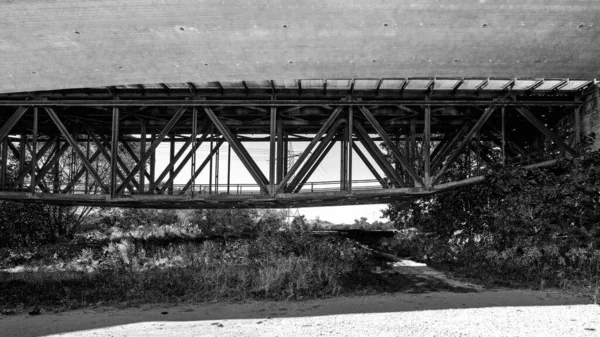 Grayscale Záběr Starého Ocelového Mostu Přes Rednitz Německu — Stock fotografie