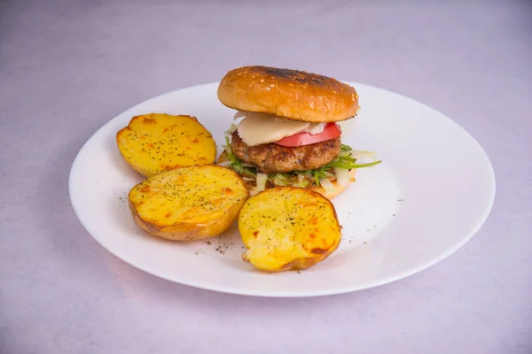 Closeup Burger Meat Potatoes White Plate — Stock Photo, Image