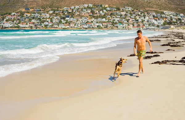 Cape Town Sudáfrica Octubre 2021 Hombre Con Perro Una Playa —  Fotos de Stock