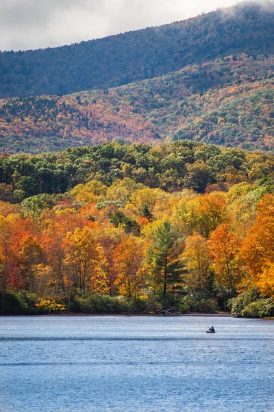 Renkli Ağaçlarla Kaplı Dağ Ormanlarının Arka Planında Güzel Bir Gölün — Stok fotoğraf