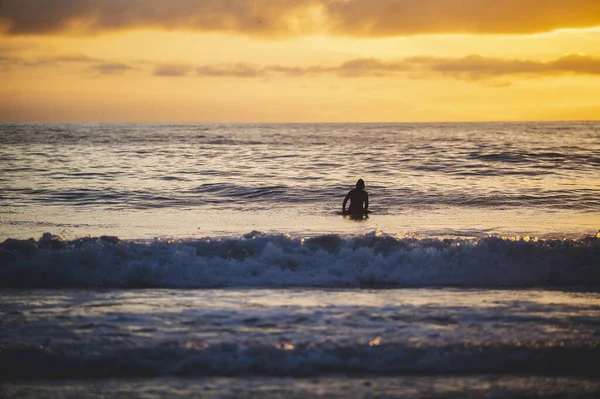 Krajina Výhledem Mořské Vlny Člověk Plavat Při Západu Slunce Newport — Stock fotografie