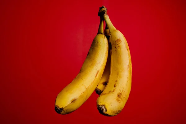 Shot Three Bananas Isolated Red Background — Fotografia de Stock