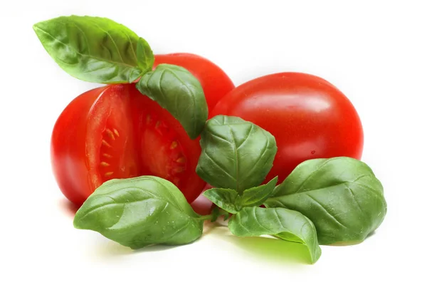 Tiro Close Dos Tomates Cereja Suculentos Com Folhas Fundo Branco — Fotografia de Stock