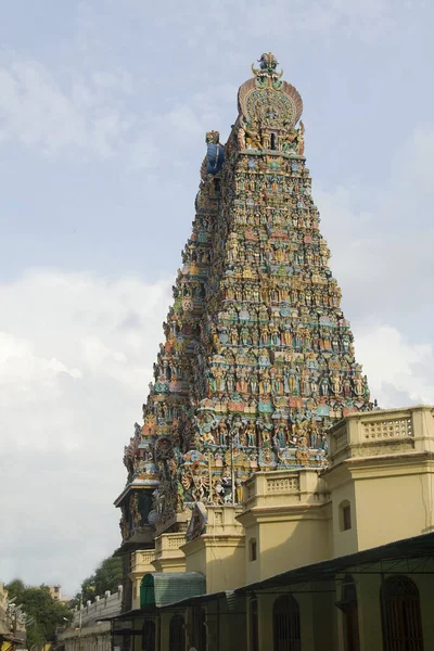 Tempel Toren Uitgebreid Gebeeldhouwd Met Religieuze Figuren Bij Meenakshi Temple — Stockfoto