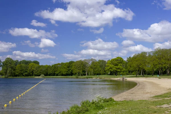 Een Landschap Uitzicht Gele Boeien Het Meer Bussloo Nederland — Stockfoto