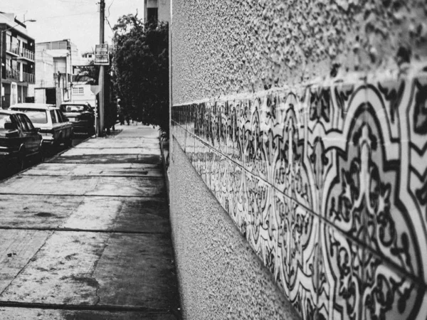 Skala Szarości Ujęcie Wzoru Dachówkami Ulicznej Ścianie Meksyku — Zdjęcie stockowe