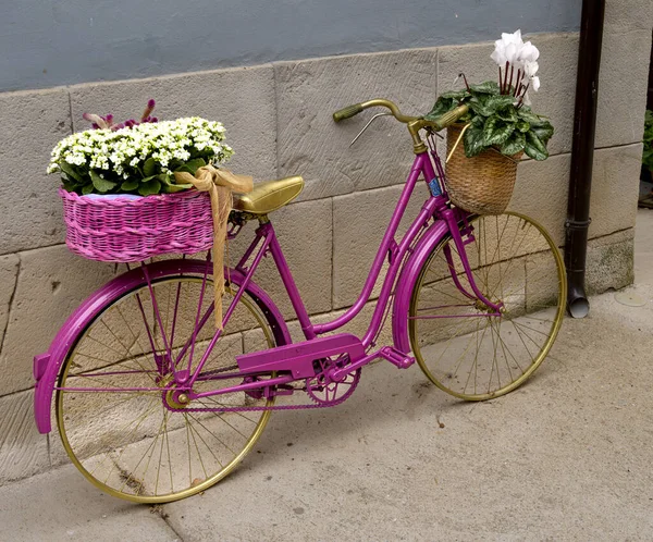 Крупный План Розового Припаркованного Велосипеда Красивыми Цветами Соломенных Корзинах — стоковое фото