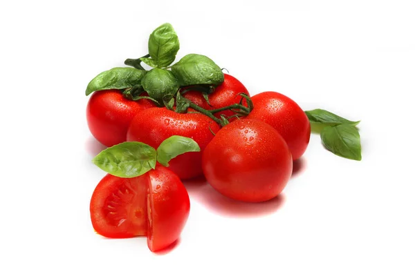 Closeup Shot Juicy Cherry Tomatoes Leaves White Background — Stock Photo, Image