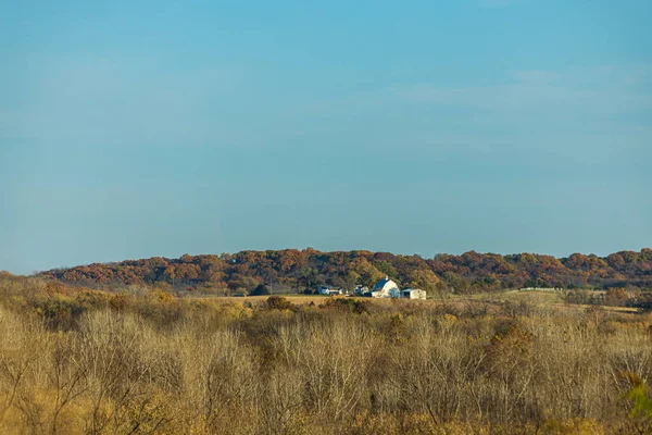 Vue Grand Angle Paysage Rural Avec Prairie Verte Maisons Par — Photo