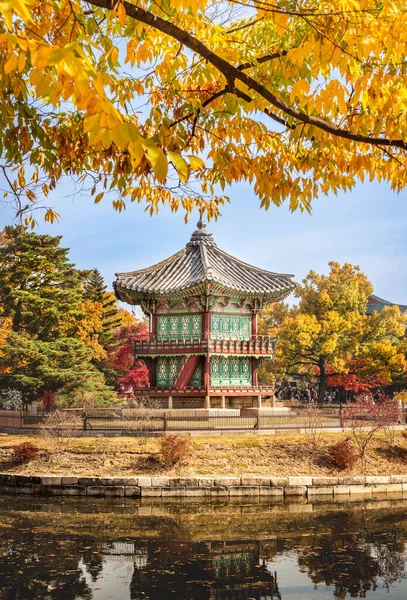 Een Schilderachtig Uitzicht Gyeongbok Gung Tempel Korea Met Herfstbladeren Boomtakken — Stockfoto