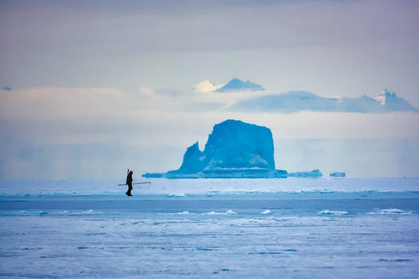 Egy Vadász Sétál Havas Földön Grönlandon Jéghegyekkel Háttérben — Stock Fotó