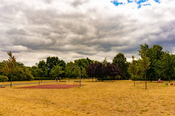 Poznan Polonia Julio 2019 Una Hierba Amarilla Campo Deportes Parque —  Fotos de Stock