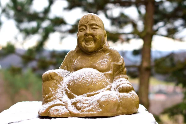 Golden Buddha Statue Covered Snow — Stockfoto