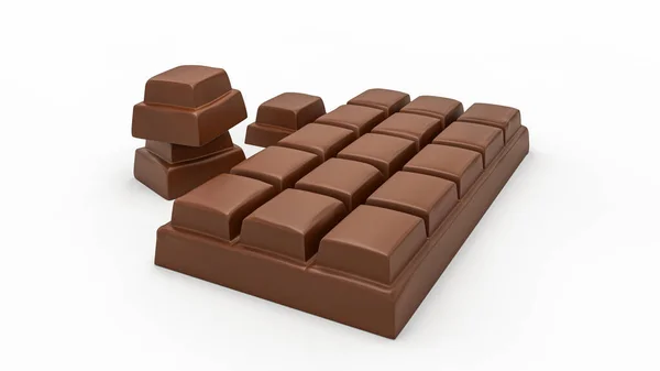 Uma Renderização Barra Chocolate Com Leite Pedaços Chocolate Isolados Fundo — Fotografia de Stock